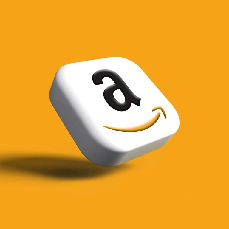 Amazon logo on a white square background with a yellow shadow. Amazon logo on a white square background with a yellow shadow.