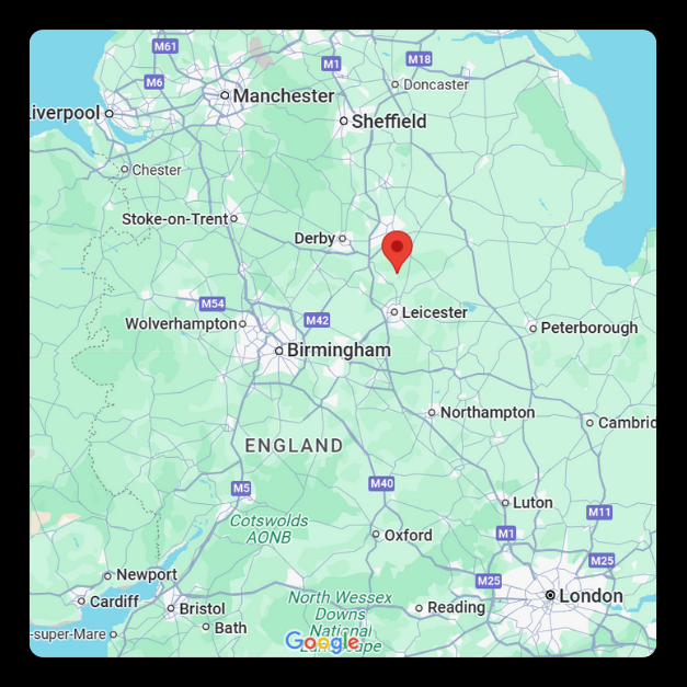 Map highlighting FreightPod's location near Loughborough, UK, with surrounding areas and main roads marked.