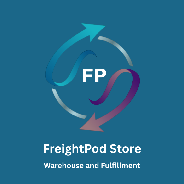 Logo for FreightPod Store with arrows and the text "Warehouse and Fulfillment".