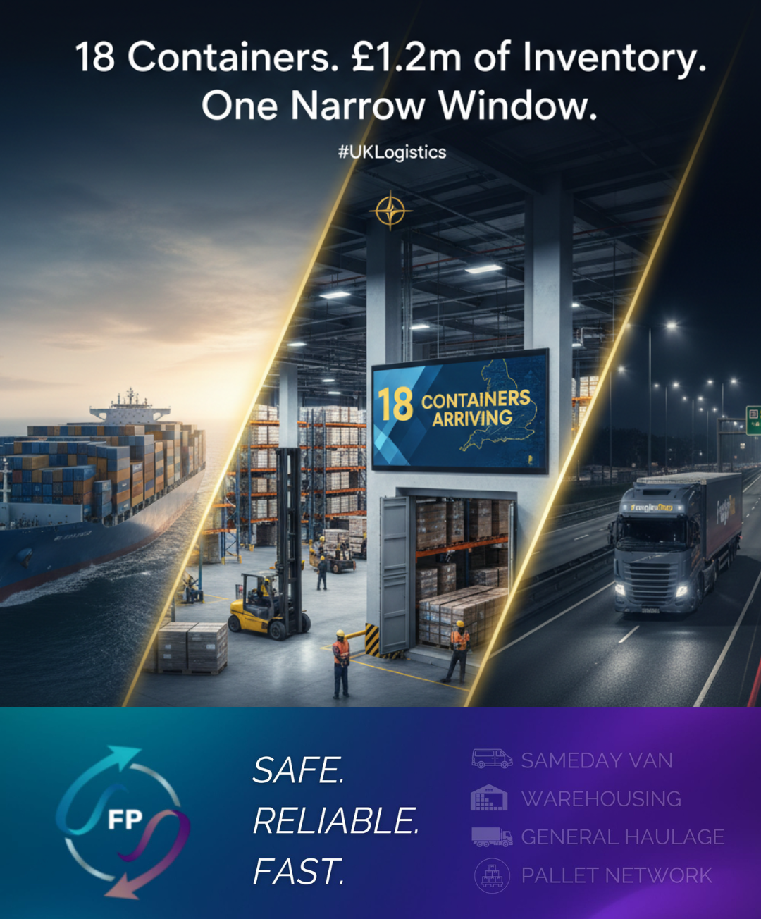 A professional logistics infographic for FreightPod showing a container ship, a modern warehouse interior with '18 Containers Arriving' on a screen, and an HGV on a UK motorway. Text overlay reads: 18 Containers, £1.2m of Inventory, One Narrow Window. Optimized for Leicestershire 3PL and Golden Triangle distribution services.